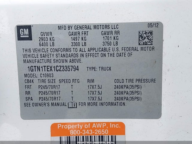 44775510 :رقم المزاد ، 1GTN1TEX1CZ335794 vin ، 2012 Gmc Sierra 1500 Work Truck مزاد بيع