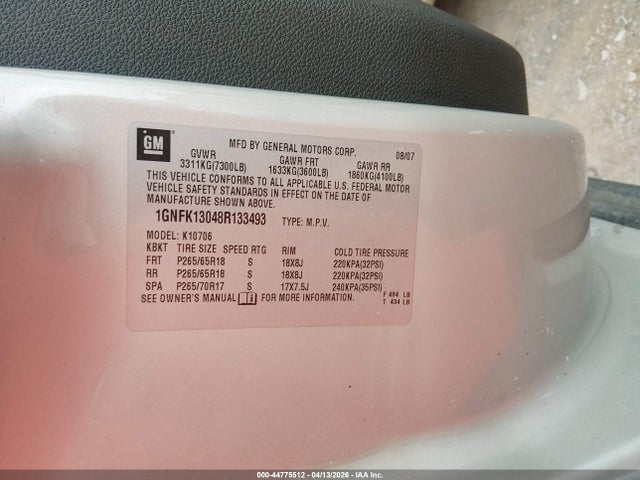 Aukcja sprzedaży 2008 Chevrolet Tahoe Lt, vin: 1GNFK13048R133493, numer aukcji: 44775512
