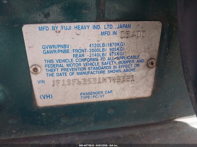 44775516 :رقم المزاد ، JF1SF63531H745321 vin ، 2001 Subaru Forester L مزاد بيع