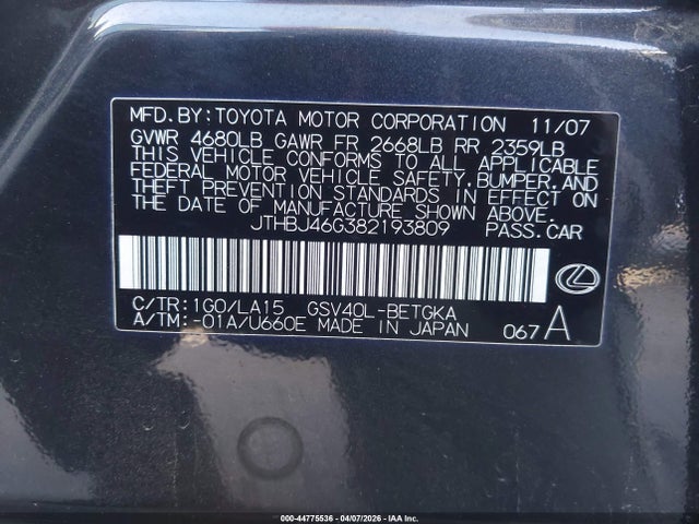 Продажа на аукционе авто 2008 Lexus Es 350, vin: JTHBJ46G382193809, номер лота: 44775536