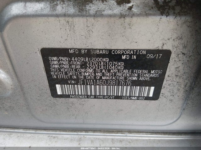 2018 Subaru Wrx მანქანა იყიდება აუქციონზე, vin: JF1VA1A60J9817676, აუქციონის ნომერი: 44775541
