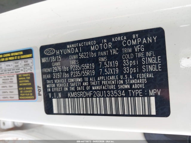 Aukcja sprzedaży 2016 Hyundai Santa Fe Limited, vin: KM8SRDHF2GU133534, numer aukcji: 44775572