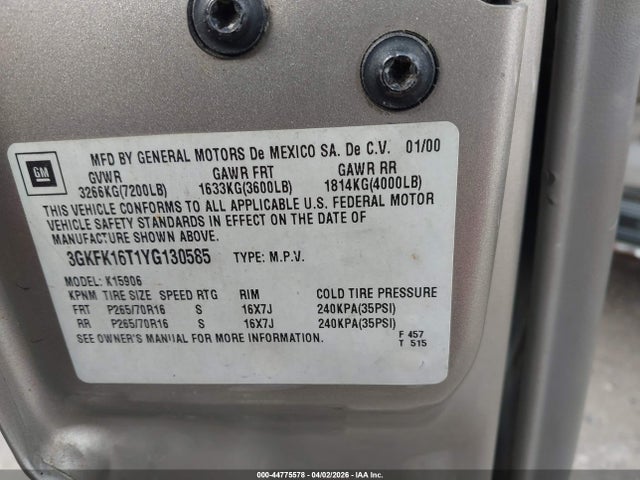 Aukcja sprzedaży 2000 Gmc Yukon Xl 1500 Slt, vin: 3GKFK16T1YG130585, numer aukcji: 44775578