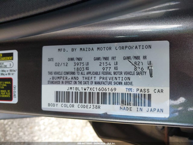 44775593 :رقم المزاد ، JM1BL1W7XC1606169 vin ، 2012 Mazda Mazda3 I Grand Touring مزاد بيع