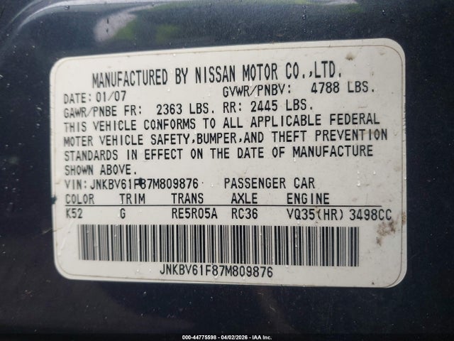 2007 Infiniti G35x მანქანა იყიდება აუქციონზე, vin: JNKBV61F87M809876, აუქციონის ნომერი: 44775598