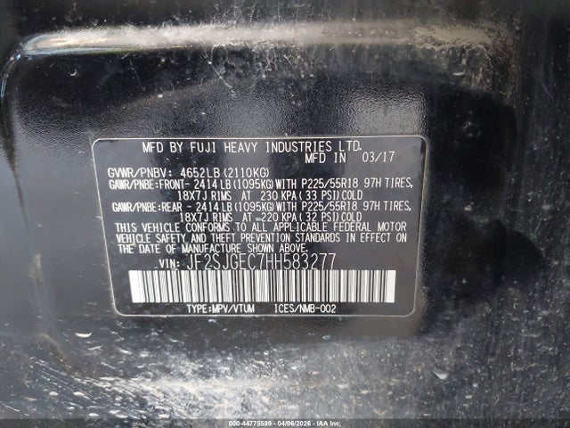 2017 Subaru Forester 2.0xt Premium მანქანა იყიდება აუქციონზე, vin: JF2SJGEC7HH583277, აუქციონის ნომერი: 44775599