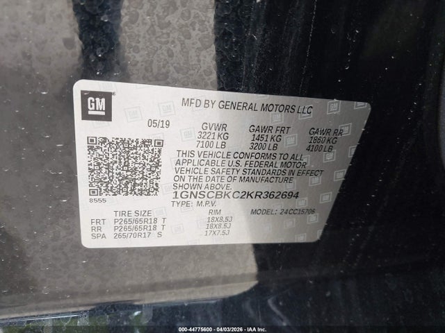 2019 Chevrolet Tahoe Lt მანქანა იყიდება აუქციონზე, vin: 1GNSCBKC2KR362694, აუქციონის ნომერი: 44775600