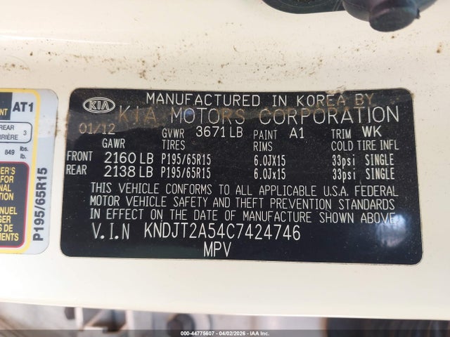 44775607 :رقم المزاد ، KNDJT2A54C7424746 vin ، 2012 Kia Soul مزاد بيع