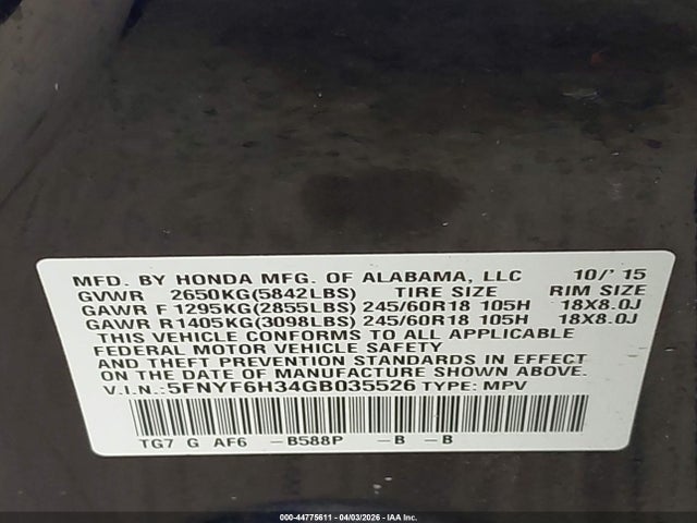 5FNYF6H34GB035526 Honda Pilot Ex