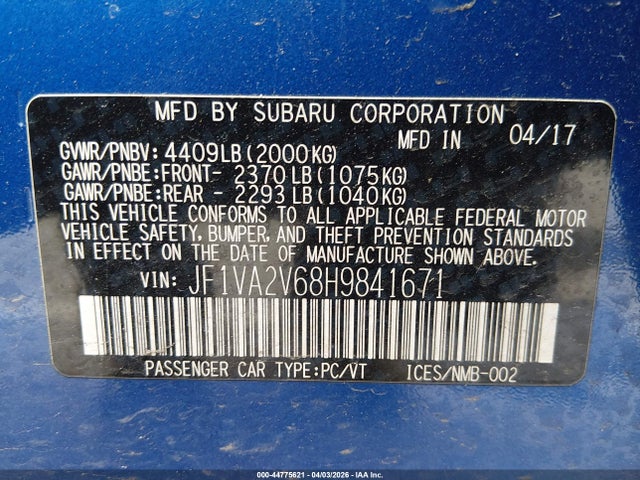 2017 Subaru Wrx Sti მანქანა იყიდება აუქციონზე, vin: JF1VA2V68H9841671, აუქციონის ნომერი: 44775621