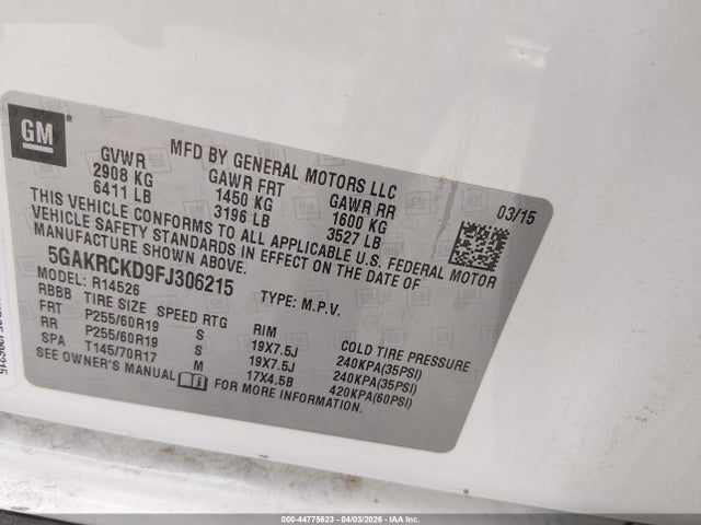 44775623 :رقم المزاد ، 5GAKRCKD9FJ306215 vin ، 2015 Buick Enclave Premium مزاد بيع