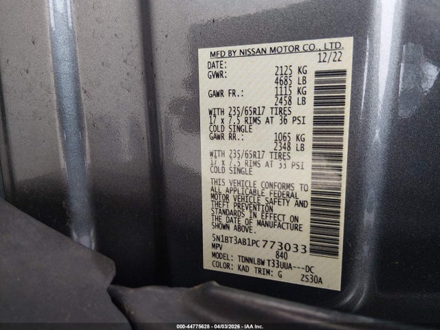 2023 Nissan Rogue S Intelligent Awd მანქანა იყიდება აუქციონზე, vin: 5N1BT3AB1PC773033, აუქციონის ნომერი: 44775628