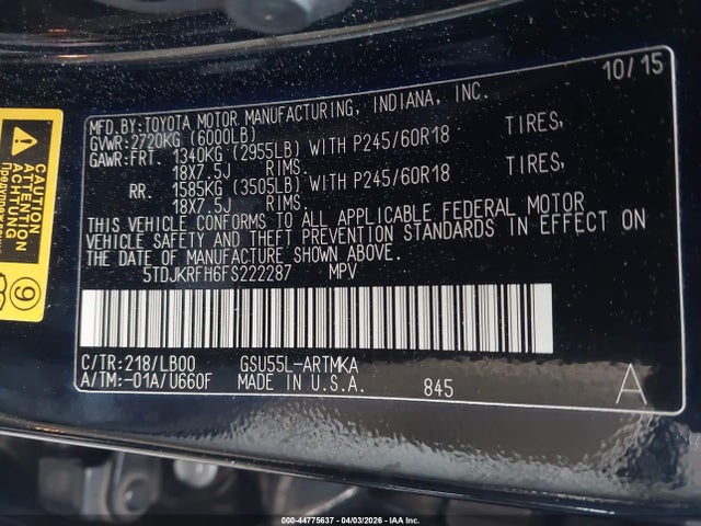 2015 Toyota Highlander Xle V6 მანქანა იყიდება აუქციონზე, vin: 5TDJKRFH6FS222287, აუქციონის ნომერი: 44775637