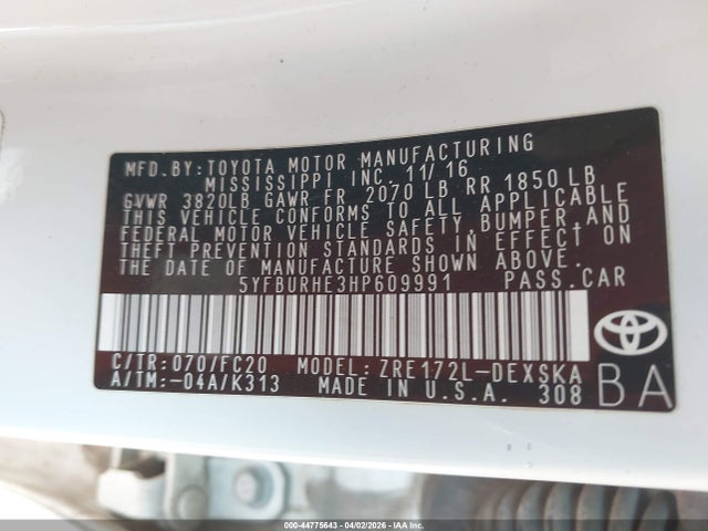 Aukcja sprzedaży 2017 Toyota Corolla Se, vin: 5YFBURHE3HP609991, numer aukcji: 44775643