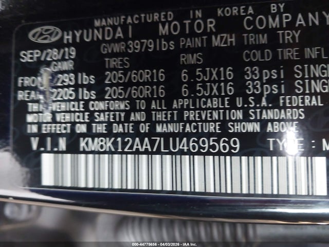 Aukcja sprzedaży 2020 Hyundai Kona Se, vin: KM8K12AA7LU469569, numer aukcji: 44775656