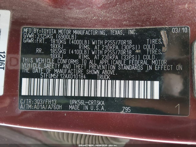 2010 Toyota Tundra Grade 4.6l V8 მანქანა იყიდება აუქციონზე, vin: 5TFUM5F12AX010184, აუქციონის ნომერი: 44775659