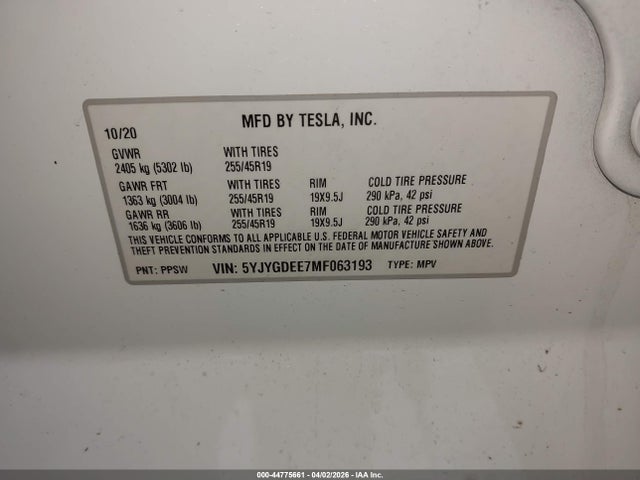 Aukcja sprzedaży 2021 Tesla Model Y Long Range Dual Motor All-wheel Drive, vin: 5YJYGDEE7MF063193, numer aukcji: 44775661