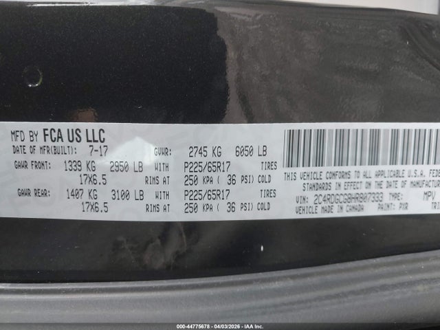 Aukcja sprzedaży 2017 Dodge Grand Caravan Sxt, vin: 2C4RDGCG8HR807333, numer aukcji: 44775678