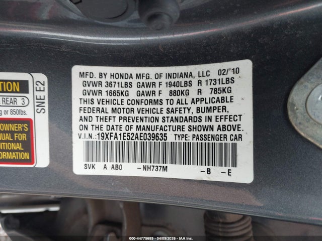 44775689 :رقم المزاد ، 19XFA1E52AE039635 vin ، 2010 Honda Civic Lx مزاد بيع