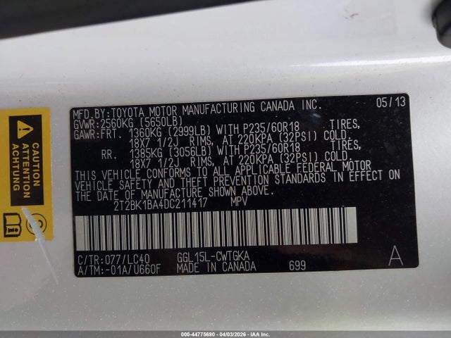 44775690 :رقم المزاد ، 2T2BK1BA4DC211417 vin ، 2013 Lexus Rx 350 مزاد بيع
