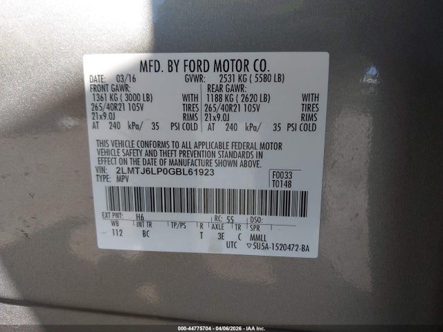 Lincoln Mkx Reserve 2016 2LMTJ6LP0GBL61923 Image 9