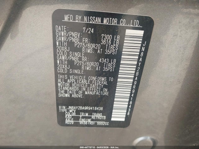 Продаж на аукціоні авто 2024 Nissan Armada Sl 2wd, vin: JN8AY2BA9R9418438, номер лоту: 44775710
