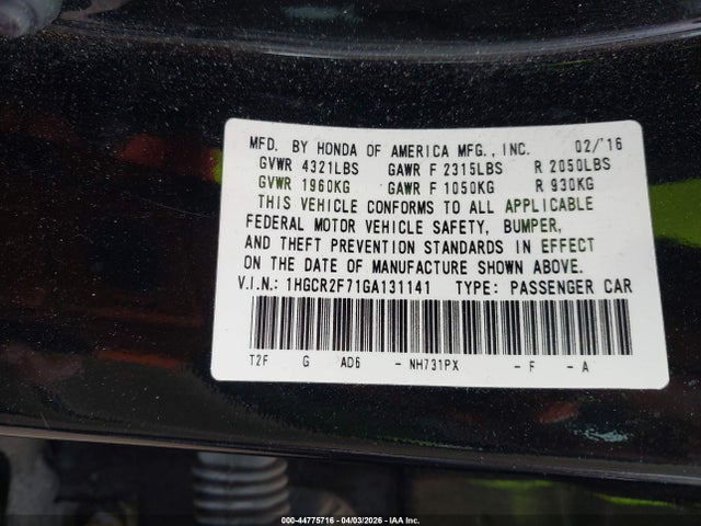 Продажа на аукционе авто 2016 Honda Accord Ex, vin: 1HGCR2F71GA131141, номер лота: 44775716