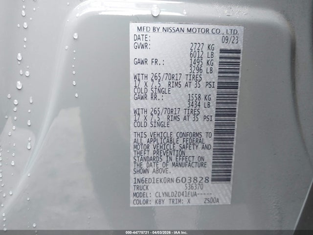 2024 Nissan Frontier Pro-4x 4x4 მანქანა იყიდება აუქციონზე, vin: 1N6ED1EK0RN603828, აუქციონის ნომერი: 44775721