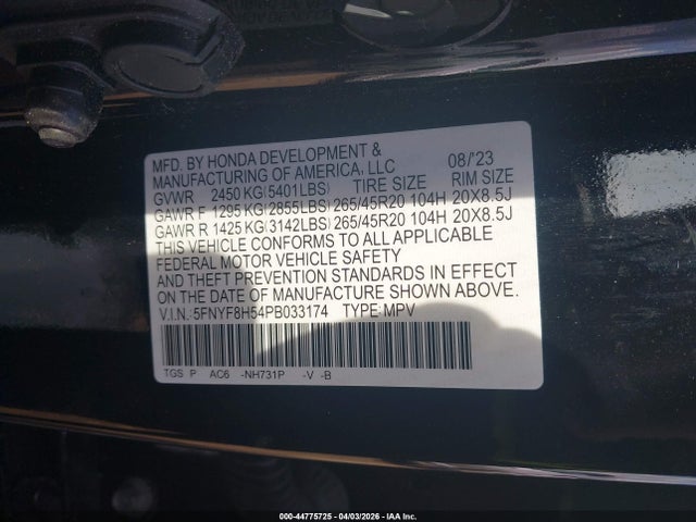 2023 Honda Passport Awd Ex-l მანქანა იყიდება აუქციონზე, vin: 5FNYF8H54PB033174, აუქციონის ნომერი: 44775725