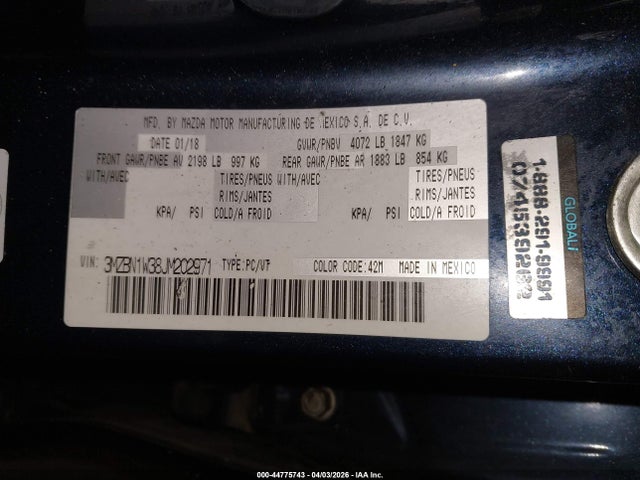 44775743 :رقم المزاد ، 3MZBN1W38JM202971 vin ، 2018 Mazda Mazda3 Grand Touring مزاد بيع