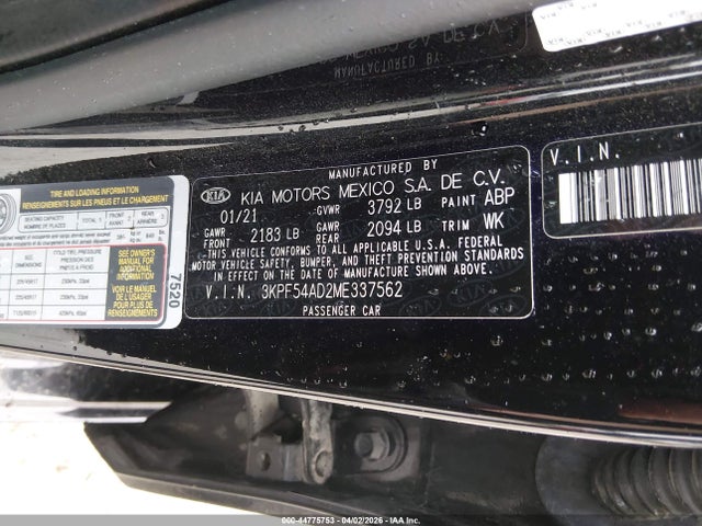 Продажа на аукционе авто 2021 Kia Forte Ex, vin: 3KPF54AD2ME337562, номер лота: 44775753