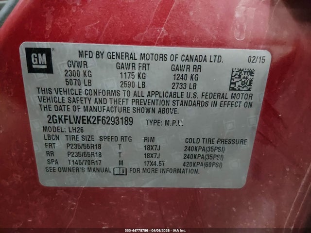 Aukcja sprzedaży 2015 Gmc Terrain Sle-2, vin: 2GKFLWEK2F6293189, numer aukcji: 44775756