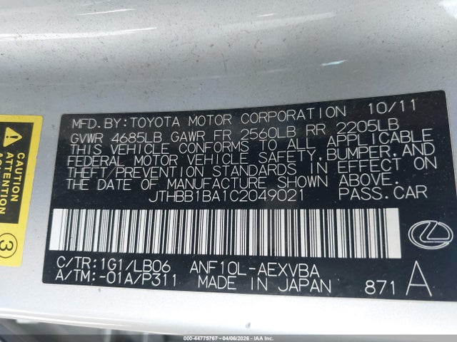 44775767 :رقم المزاد ، JTHBB1BA1C2049021 vin ، 2012 Lexus Hs 250h مزاد بيع