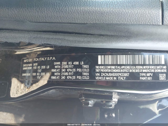 44775777 :رقم المزاد ، ZACNJBABXKPK33957 vin ، 2019 Jeep Renegade Sport 4x4 مزاد بيع