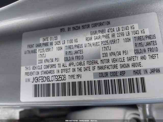 Продажа на аукционе авто 2020 Mazda Cx-5 Touring, vin: JM3KFBCM8L0792508, номер лота: 44775780