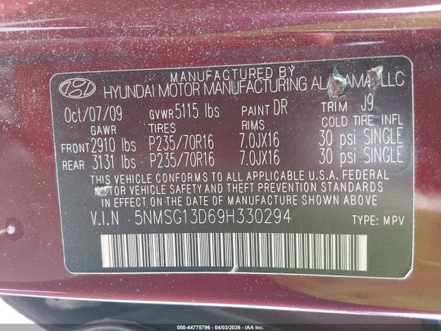 2009 HYUNDAI SANTA FE 5NMSG13D69H330294 Photo 8