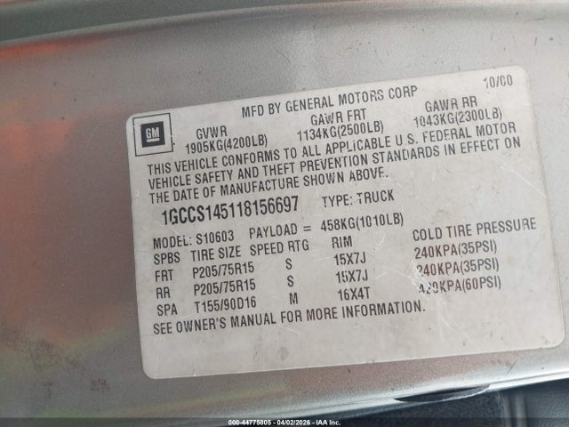 2001 CHEVROLET S-10 1GCCS145118156697 Photo 8