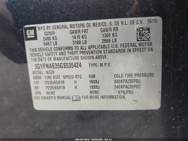 Aukcja sprzedaży 2016 Cadillac Srx Standard, vin: 3GYFNAE35GS535424, numer aukcji: 44775810