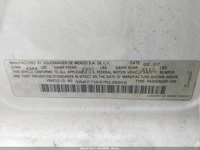 Aukcja sprzedaży 2007 Volkswagen Jetta Wolfsburg Edition, vin: 3VWEF71K97M128058, numer aukcji: 44775813