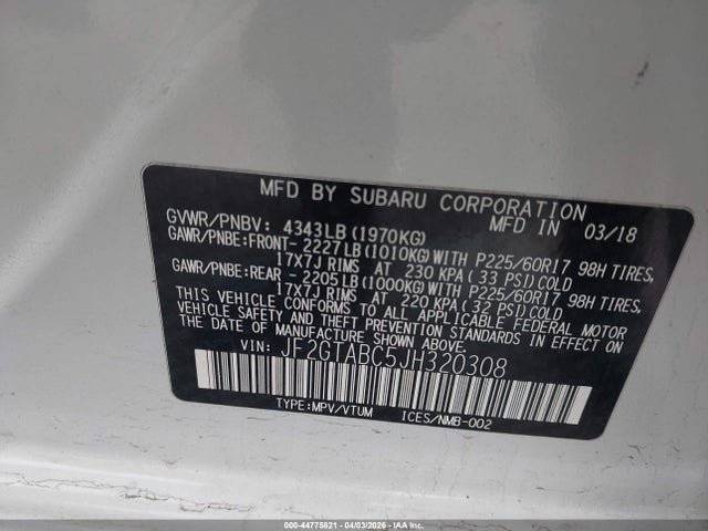 44775821 :رقم المزاد ، JF2GTABC5JH320308 vin ، 2018 Subaru Crosstrek 2.0i Premium مزاد بيع