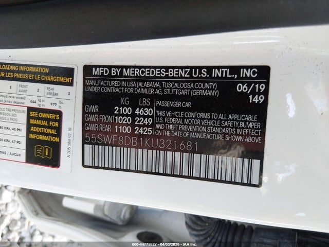 Продажа на аукционе авто 2019 Mercedes-benz C 300, vin: 55SWF8DB1KU321681, номер лота: 44775827