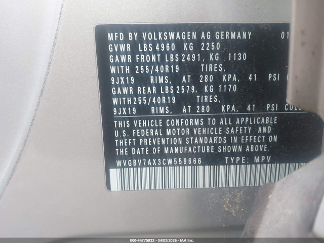 44775832 :رقم المزاد ، WVGBV7AX3CW559666 vin ، 2012 Volkswagen Tiguan Sel مزاد بيع