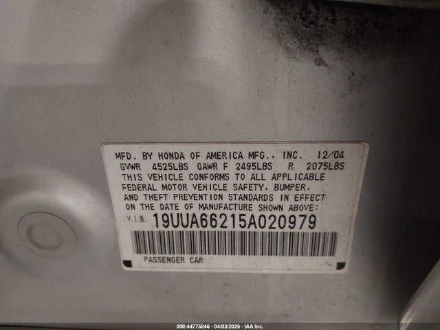 2005 Acura Tl მანქანა იყიდება აუქციონზე, vin: 19UUA66215A020979, აუქციონის ნომერი: 44775846