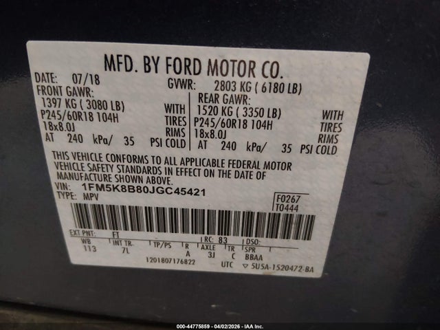 2018 FORD EXPLORER 1FM5K8B80JGC45421 Photo 8
