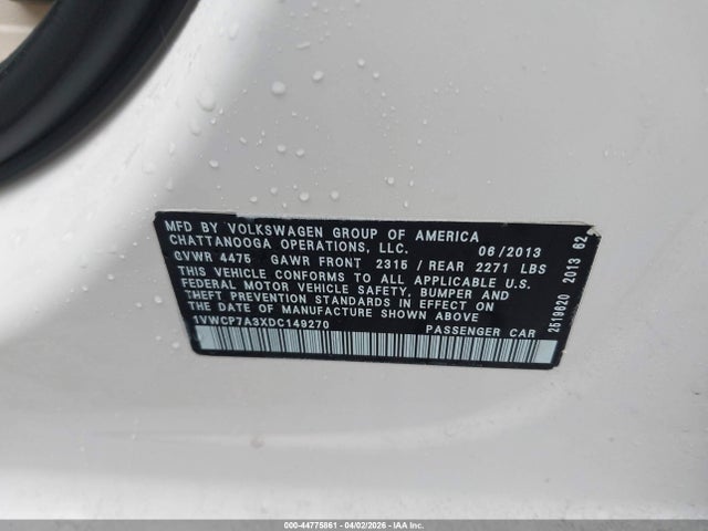 44775861 :رقم المزاد ، 1VWCP7A3XDC149270 vin ، 2013 Volkswagen Passat 2.5l Sel Premium مزاد بيع
