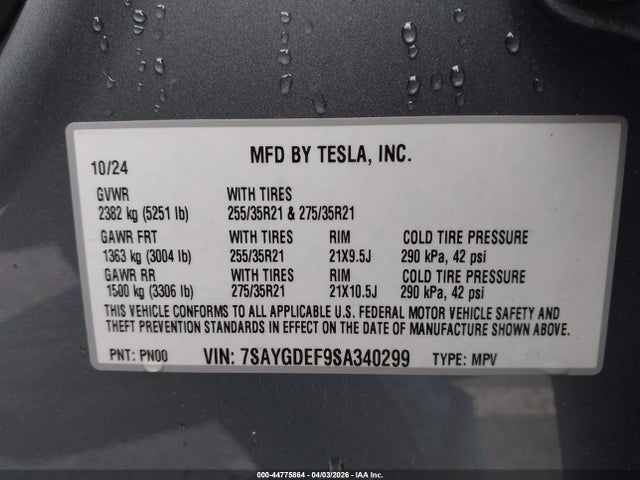 Продаж на аукціоні авто 2025 Tesla Model Y Performance Dual Motor All-wheel Drive, vin: 7SAYGDEF9SA340299, номер лоту: 44775864