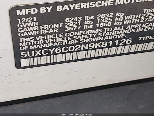 5UXCY6C02N9K81126 BMW X6 Xdrive40i