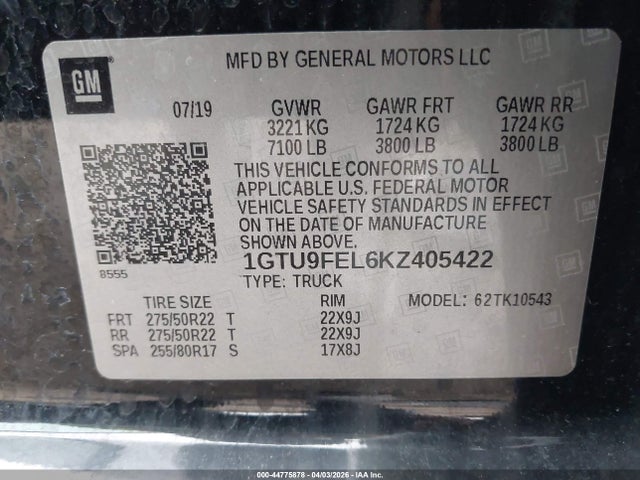 Продаж на аукціоні авто 2019 Gmc Sierra 1500 Denali, vin: 1GTU9FEL6KZ405422, номер лоту: 44775878