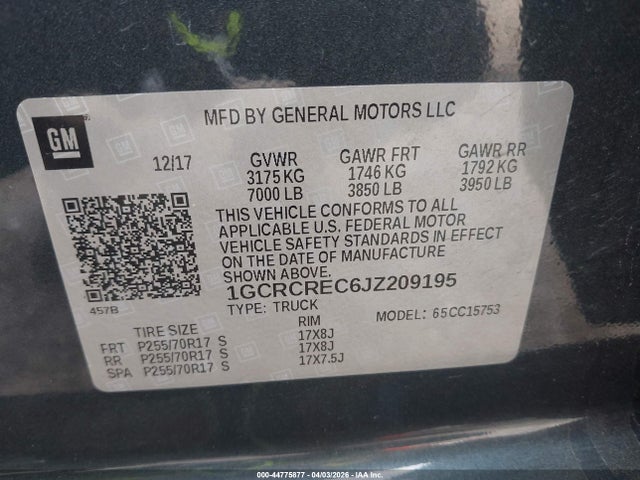 44775877 :رقم المزاد ، 1GCRCREC6JZ209195 vin ، 2018 Chevrolet Silverado 1500 1lt مزاد بيع