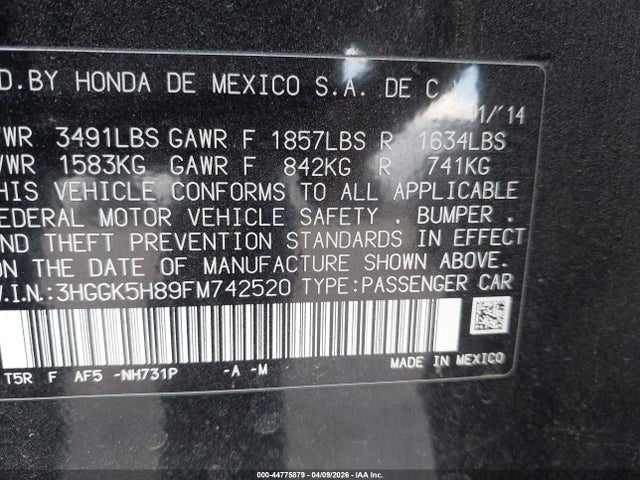 44775879 :رقم المزاد ، 3HGGK5H89FM742520 vin ، 2015 Honda Fit Ex/ex-l مزاد بيع